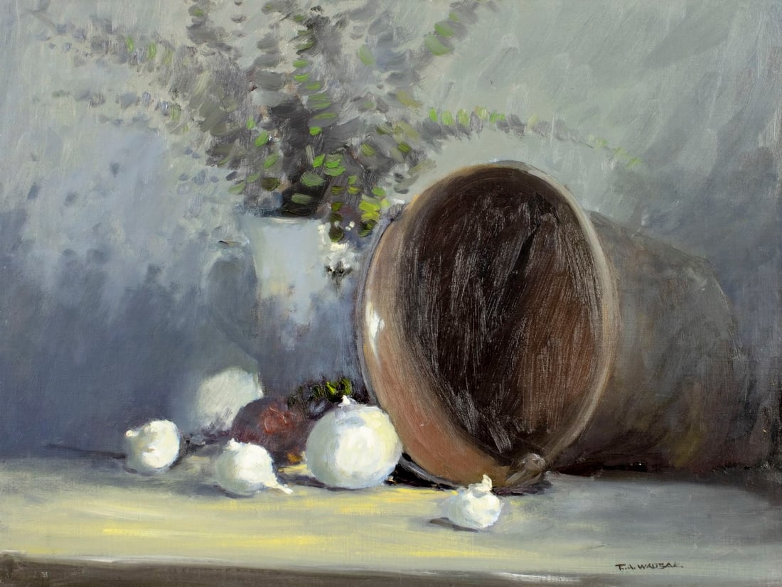 Robert Waltsak (NJ,b 1944) oil painting: ARTIST: Robert Alan Waltsak (New Jersey, born 1944) TITLE: Still Life with Vegetables MEDIUM: oil on canvas board CONDITION: Few faint scratches. No visible inpaint under UV