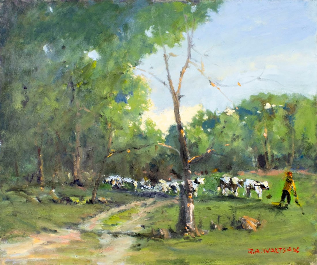 Robert Waltsak (NJ,b 1944) oil painting: ARTIST: Robert Alan Waltsak (New Jersey, born 1944) TITLE: Countryside Landscape with Shepherd and Cows MEDIUM: oil on board CONDITION: Overall good. No visible inpaint unde