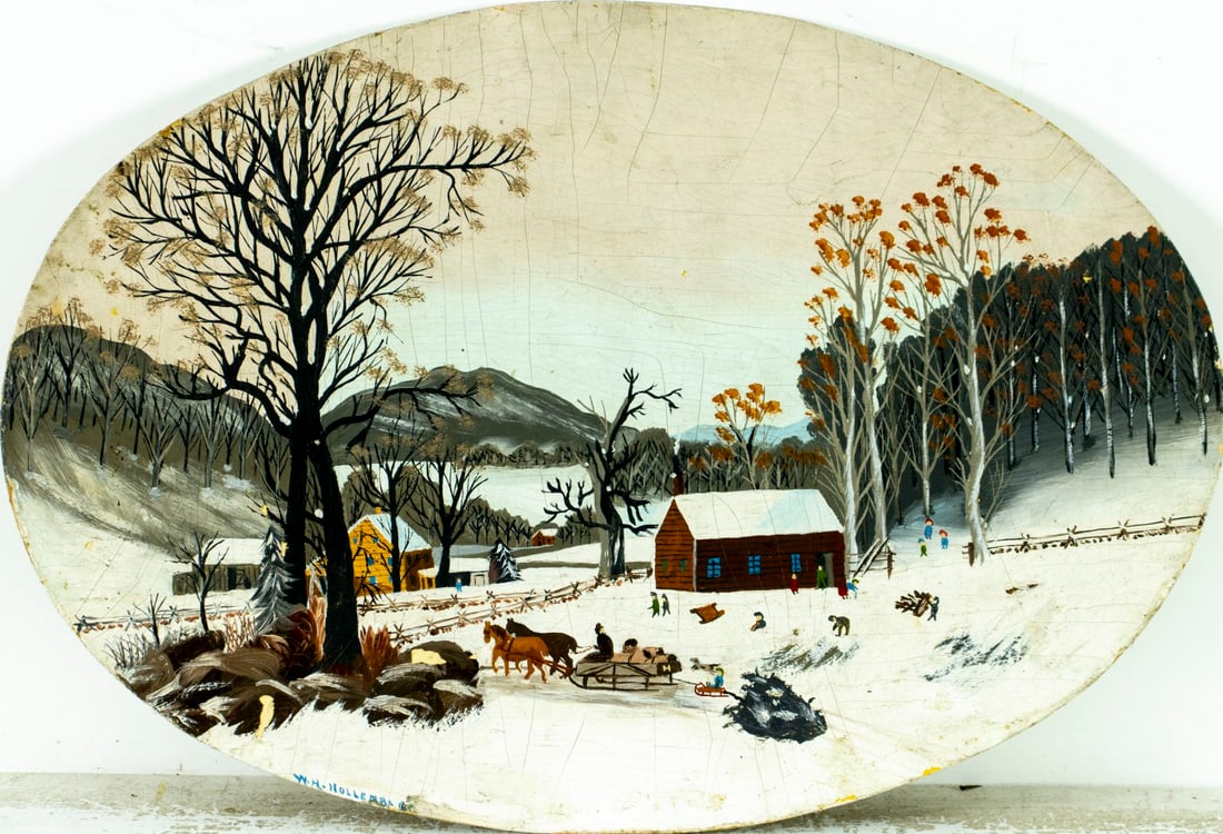 W H Hollenbach (PA,early 20C) oil painting antique: ARTIST: W H Hollenbach (Pennsylvania, early 20 century) TITLE: Winter Village Landscape MEDIUM: oil on board CONDITION: Some scratches/paint losses mostly in the lower left