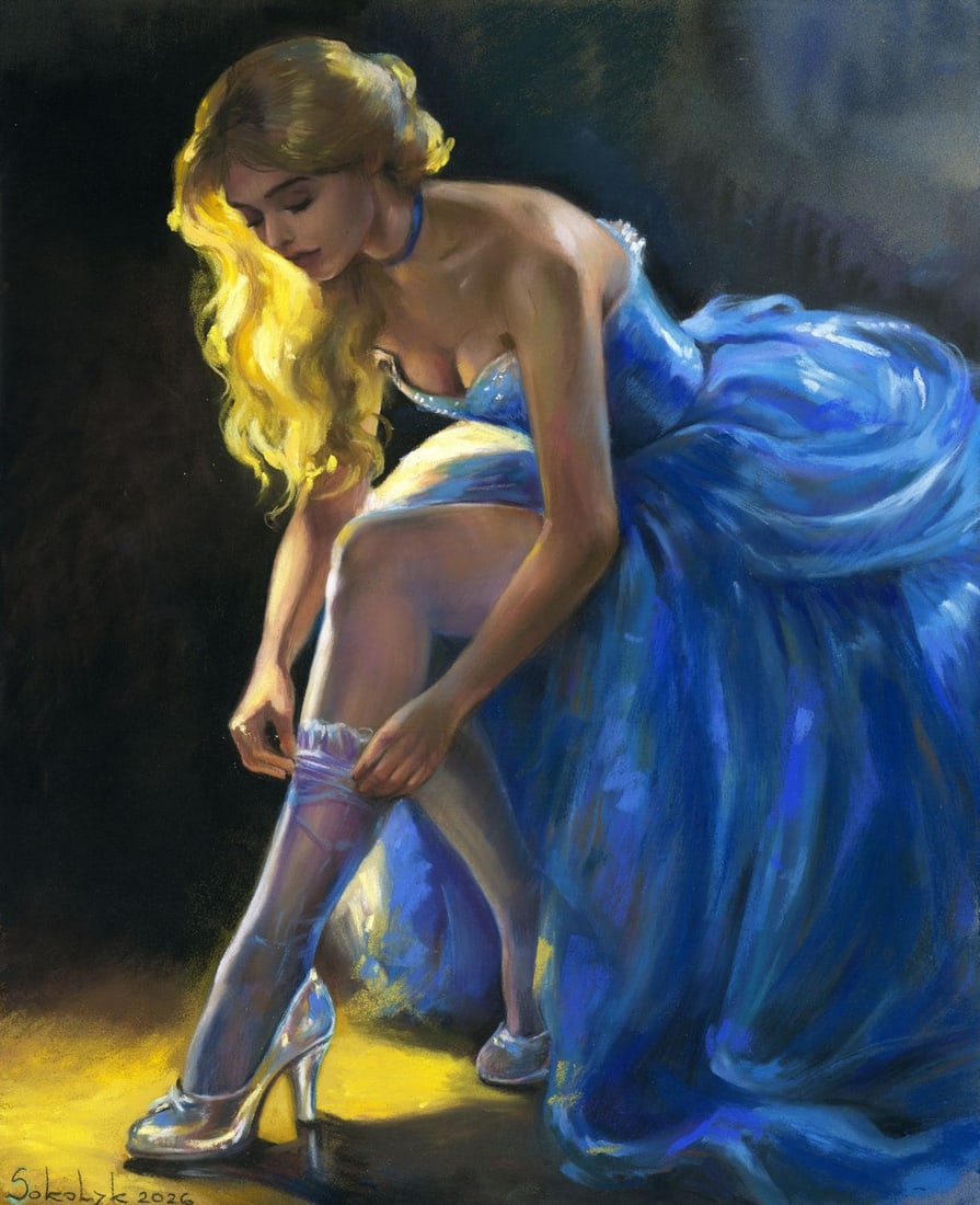 Vira Sokolyk (Ukraine,b 1999) pastel painting: ARTIST: Vira Sokolyk (Ukraine, born 1999) TITLE: Cinderella MEDIUM: pastel on heavy paper CONDITION: Very good. ART SIZE: 12 x 9 inches / 30 x 23 cm <