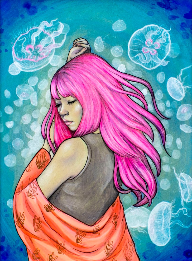Candace McKay (CA,20/21C) acrylic painting: ARTIST: Candace McKay (California, 20/21 centuries) TITLE: Drift With Me (titled on verso) YEAR: 2016 MEDIUM: acrylic and colored pencils on board CONDITION: