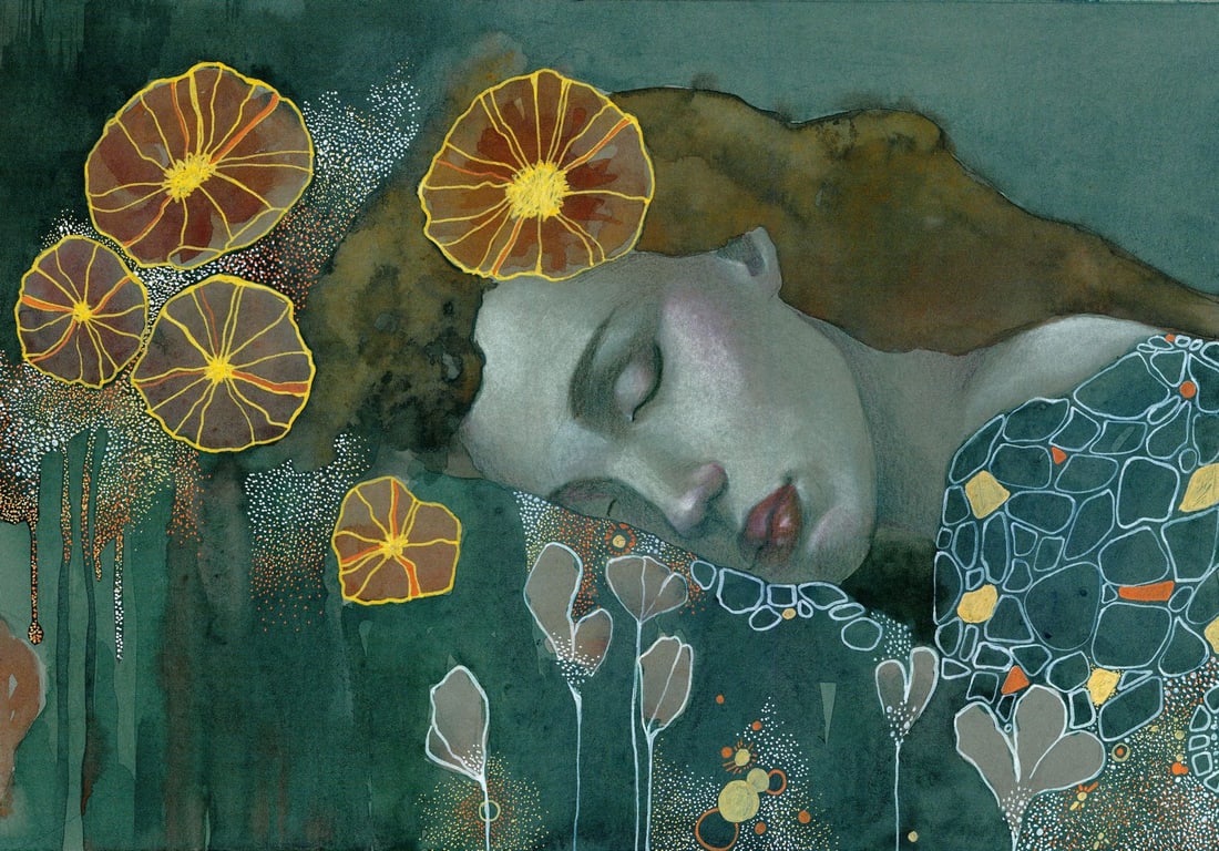 Polina Zarubenko (Ukraine,20/21C) mixed media painting: ARTIST: Polina Zarubenko (Ukraine, 20/21 centuries) TITLE: Sleeping Woman with Flowers MEDIUM: mixed media on heavy paper CONDITION: Very good. ART SIZE: