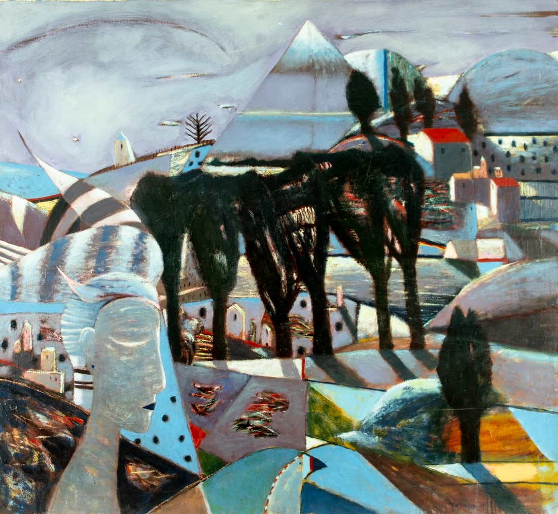 A V Bazarin (Russia,20C) oil painting: ARTIST: A V Bazarin (Russian, 20 century) TITLE: Surreal Cityscape (titled on verso) YEAR: 1993 MEDIUM: oil on canvas CONDITION: Some damage to the lower