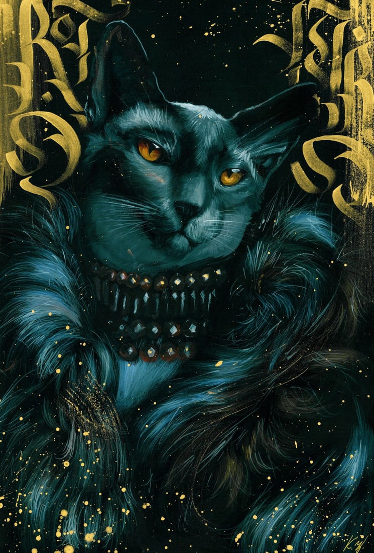 Katerina Zavgorodnya (Ukraine,20/21C) mixed media painting: ARTIST: Katerina Zavgorodnya (Ukraine, 20/21 centuries) TITLE: Cat with Collar MEDIUM: mixed media on paper CONDITION: Very good. ART SIZE: 17 x 12 inche