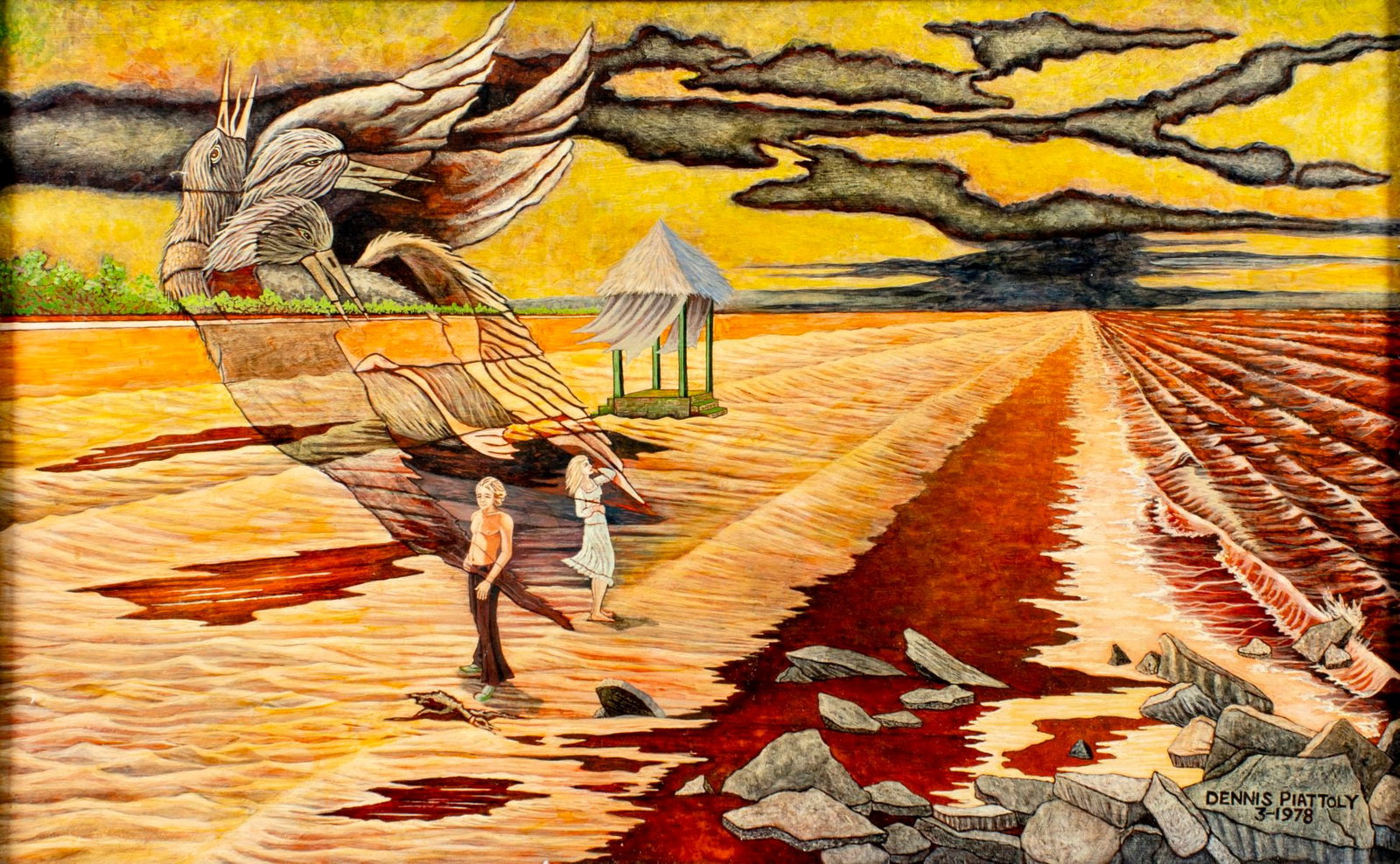 Dennis Piattoly (US,20C) oil painting: ARTIST: Dennis Piattoly (American, 20 century) TITLE: Surreal Landscape YEAR: 1978 MEDIUM: oil on board CONDITION: Few minor scratches/paint losses. No v