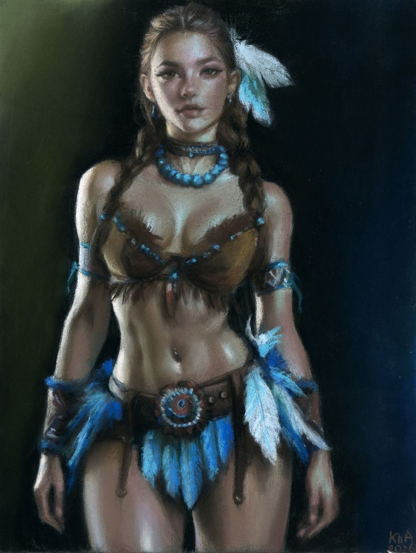 Elena Khafuz (Ukraine,b 1991) pastel painting: ARTIST: Elena Khafuz (Ukraine, born 1991) TITLE: Indian Woman MEDIUM: pastel on heavy paper CONDITION: Very good. ART SIZE: 10 x 7 inches / 25 x 18 cm