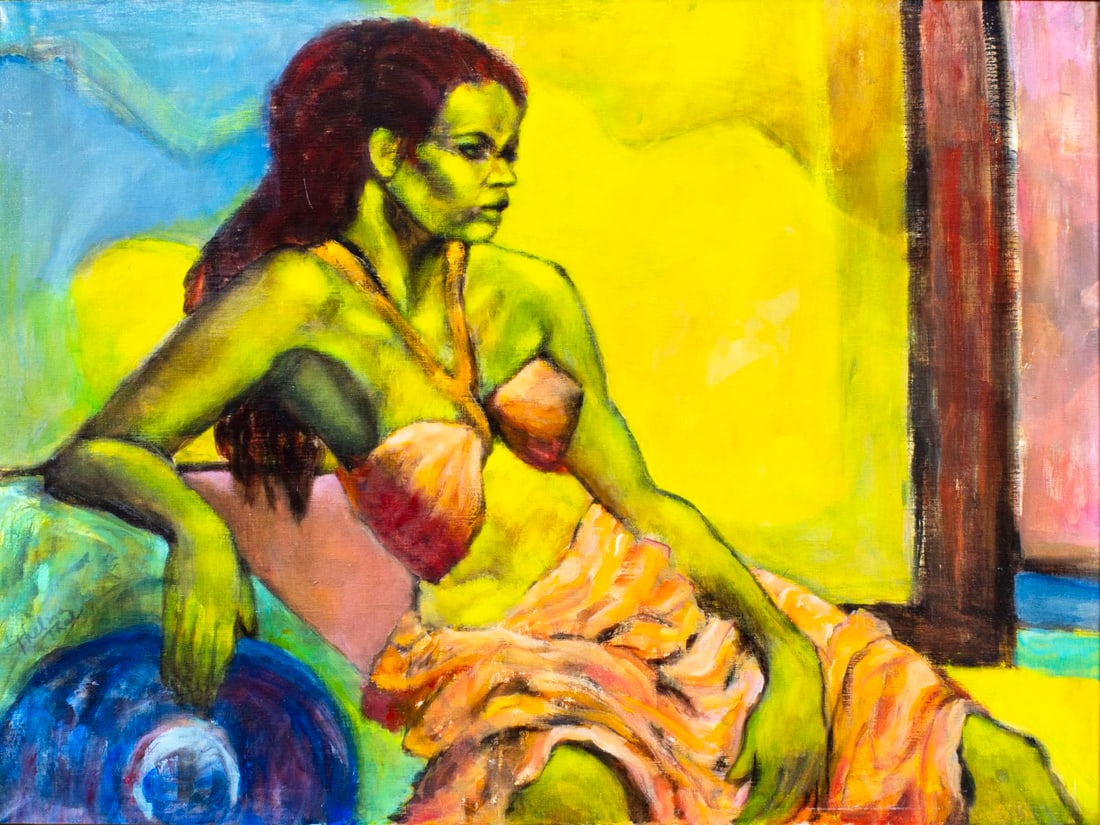 Thelma Thal (NY,1903-2001) oil painting: ARTIST: Thelma Thal (New York, 1903 - 2001) TITLE: Reclining Woman MEDIUM: oil on canvas CONDITION: Missing a few flakes of paint. No visible inpaint under UV light. Wear to