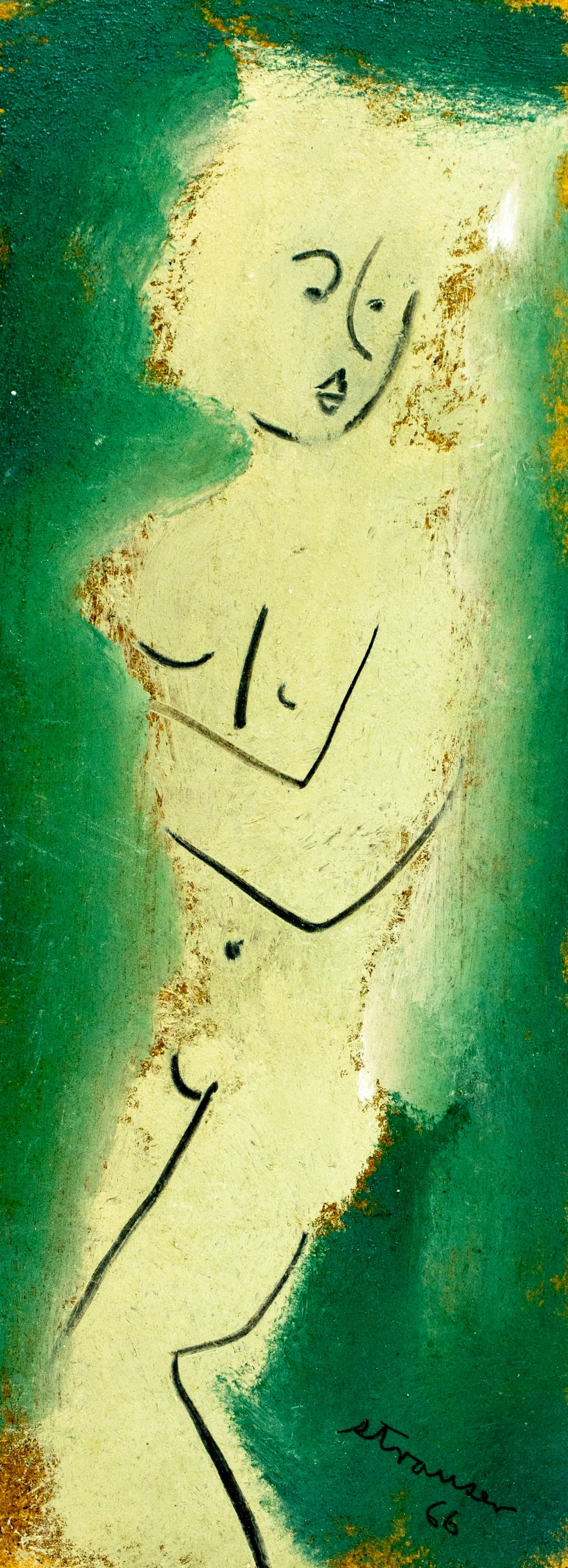 Sterling Strauser (PA,1907-1995) oil painting: ARTIST: Sterling Boyd Strauser (Pennsylvania, 1907 - 1995) TITLE: Nude YEAR: 1966 MEDIUM: oil on board CONDITION: Overall good. No visible inpaint unde