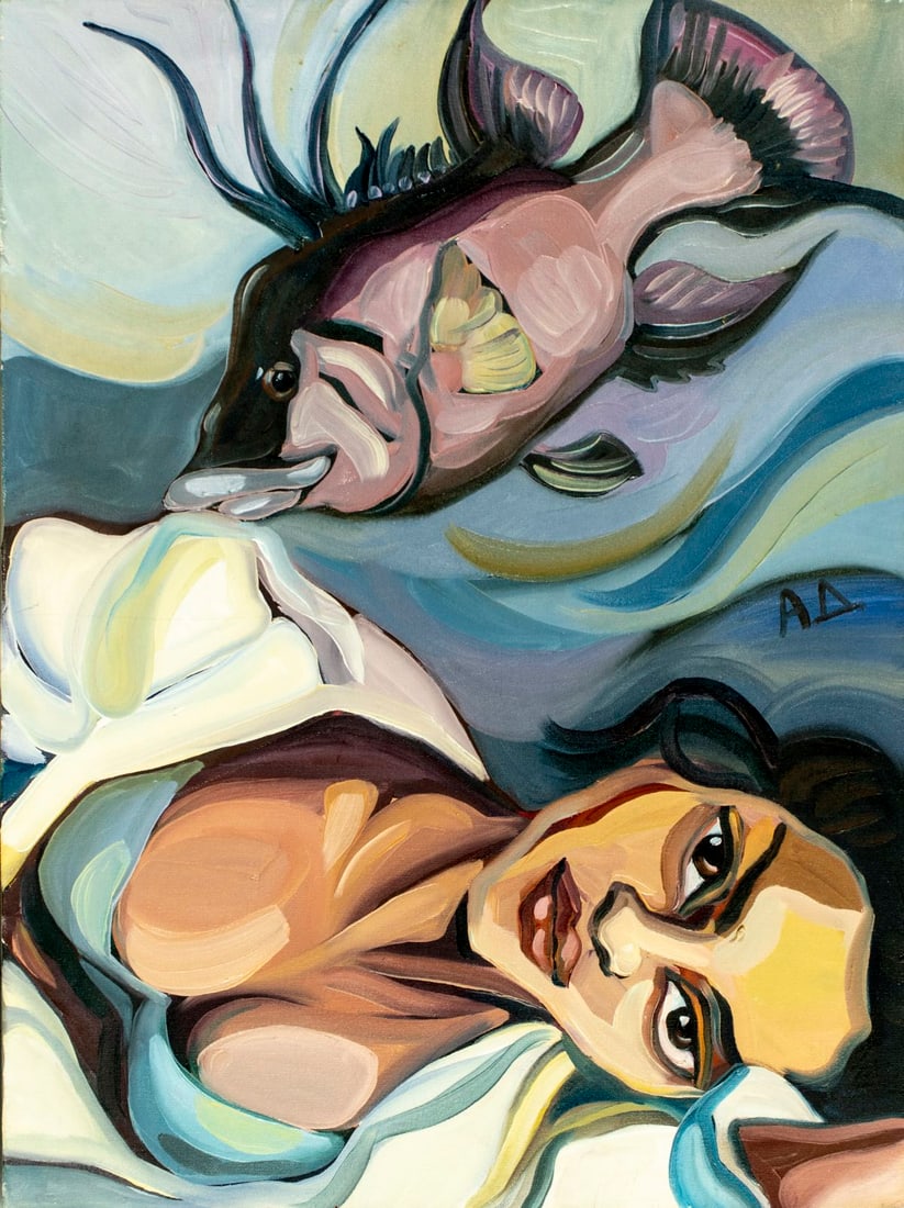 Anna Demidova (US,Russia,20/21C) oil painting: ARTIST: Anna Demidova (American, Russian, 20/21 centuries) TITLE: Woman with Fish YEAR: 2004 MEDIUM: oil on canvas CONDITION: Some faint scratches. No vi