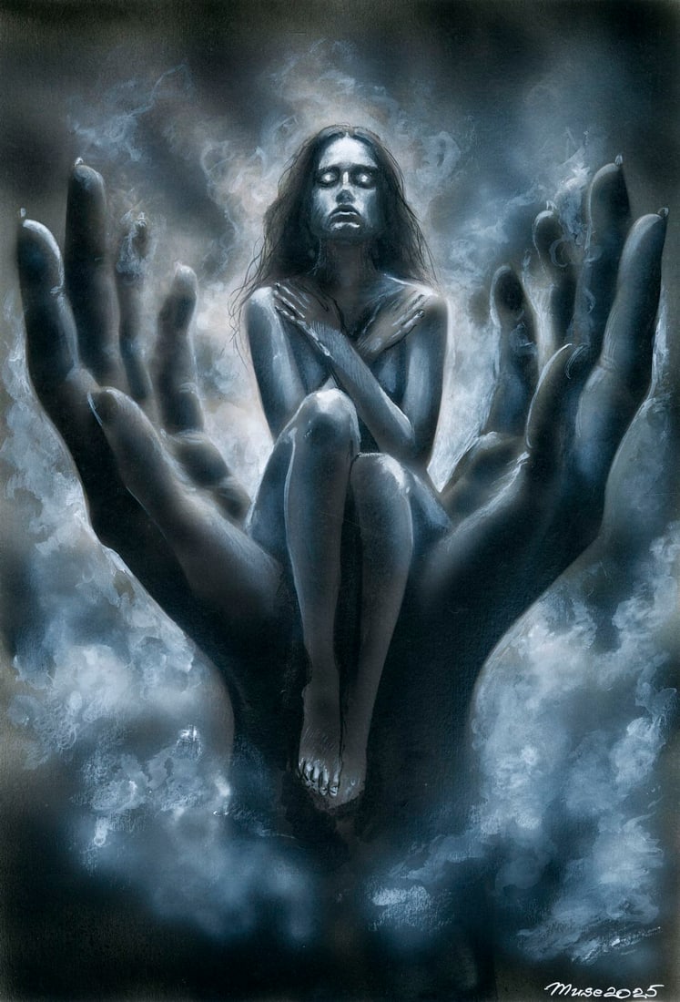 Olga Dolgikova (Ukraine,b 1967) acrylic painting: ARTIST: Olga Dolgikova (Ukrainian, born 1967) TITLE: Woman in Hands MEDIUM: acrylic on heavy paper CONDITION: Very good. ART SIZE: 15 x 10 inches / %HEIG