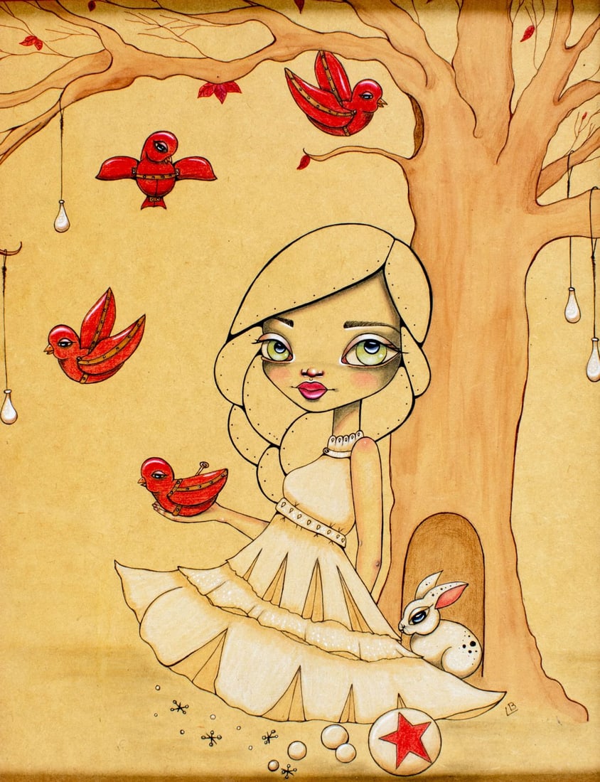 Lea Barozzi (OR,20/21C) watercolor painting: ARTIST: Lea Barozzi (Oregon, 20/21 centuries) TITLE: Girl with Birds and Rabbit MEDIUM: ink and watercolor on paper CONDITION: Very good. ART SIZE: 13 x