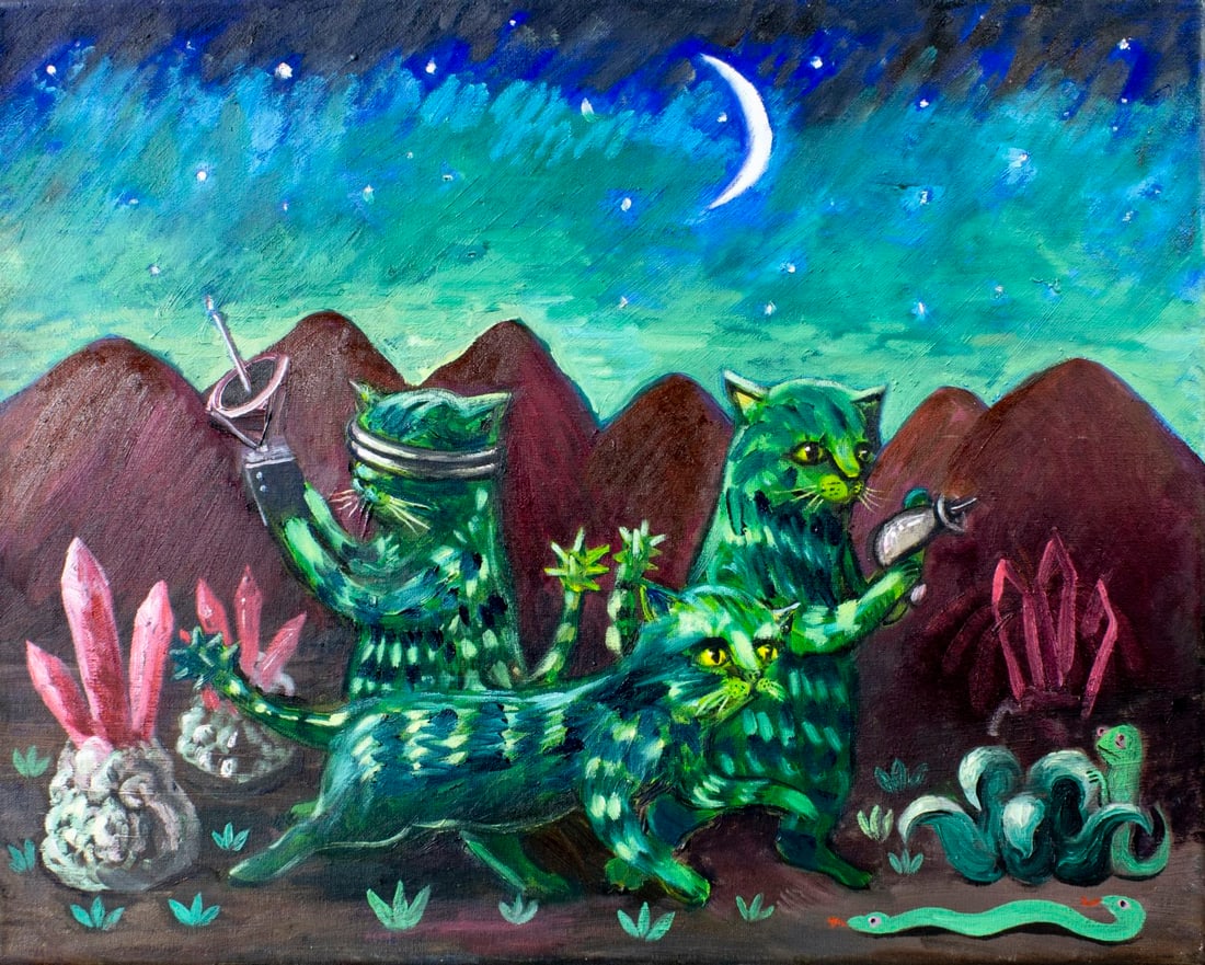 Phil Musen (GA,b 1985) oil painting: ARTIST: Phil Musen (Georgia, born 1985) TITLE: Three Green Cats YEAR: 2022 MEDIUM: oil on canvas CONDITION: Very good. Minor craquelure. No visible inpai
