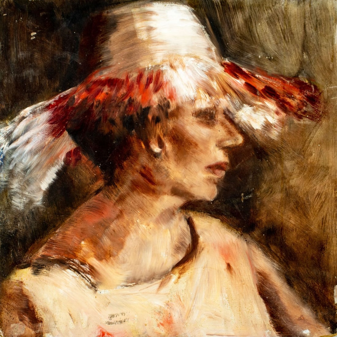 Thelma Thal (NY,1903-2001) oil painting: ARTIST: Thelma Thal (New York, 1903 - 2001) TITLE: Woman in Hat MEDIUM: oil on board CONDITION: Some damages to corners. Some scratches/paint losses mostly along edges. No