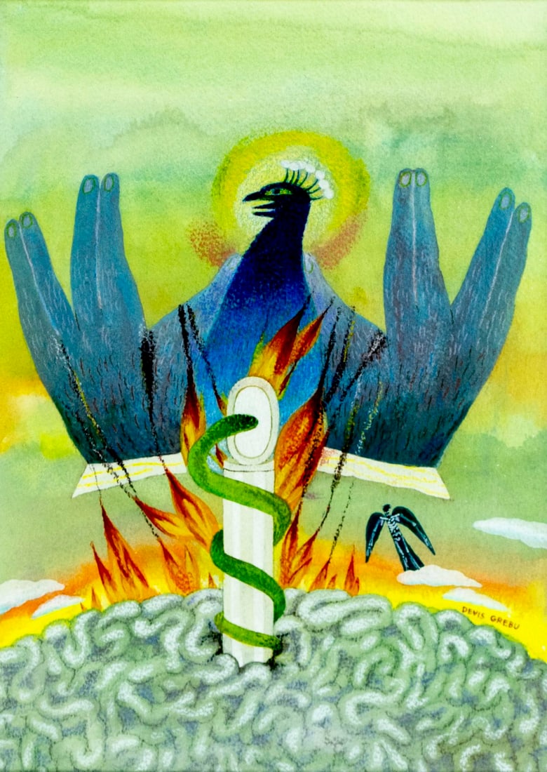 Devis Grebu (Romania,France,Israel,1933-?) pastel painting: ARTIST: Devis Grebu (Romanian, French, Israeli, 1933 - ???) TITLE: Phoenix Bird MEDIUM: pastel on paper CONDITION: Overall good. Framed under glass. Wear to frame.