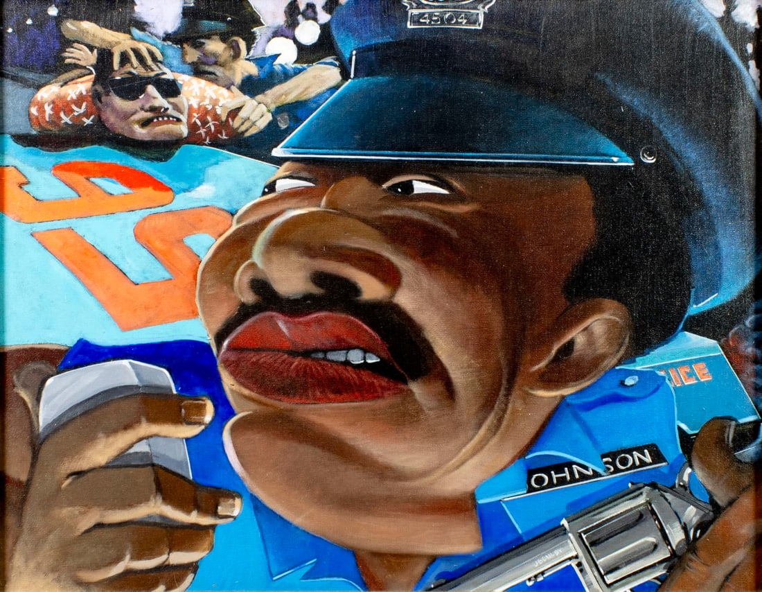 Joe Gohl (MI,b 1946) oil painting: ARTIST: Joe Gohl (Michigan, born 1946) TITLE: Police - Working Detroit (titled on verso) YEAR: 1994 MEDIUM: oil on canvas CONDITION: Few minor scratches/