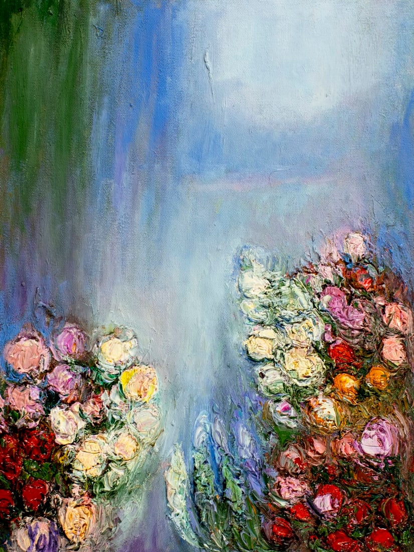 Yolanda Razzeto (Peru,1948-?) oil painting: ARTIST: Yolanda Razzeto (Peruvian, 1948 - ???) TITLE: Floral Landscape MEDIUM: oil on canvas CONDITION: Unstretched (In-House stretching available) (In-House stretching av