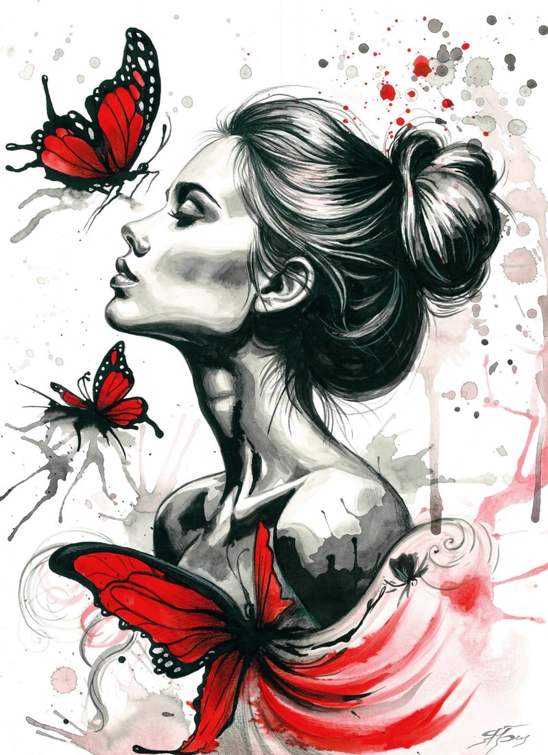 Maria Yarkina (Ukraine,b 1983) watercolor painting: ARTIST: Maria Yarkina (Ukraine, born 1983) TITLE: Woman with Butterflies MEDIUM: watercolor on heavy paper CONDITION: Very good. ART SIZE: 17 x 12 inches