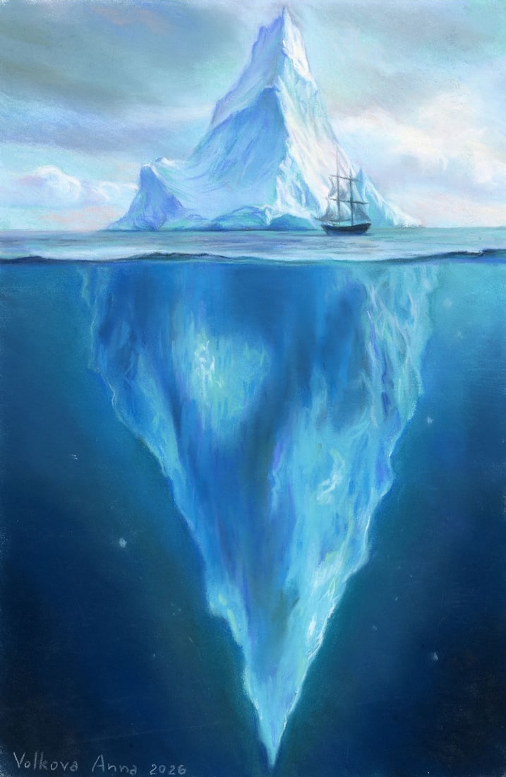 Anna Volkova (Ukraine,20/21C) pastel painting: ARTIST: Anna Volkova (Ukraine, 20/21 centuries) TITLE: Iceberg Seascape with Sail Ship MEDIUM: pastel on heavy paper CONDITION: Very good. ART SIZE: 12 x