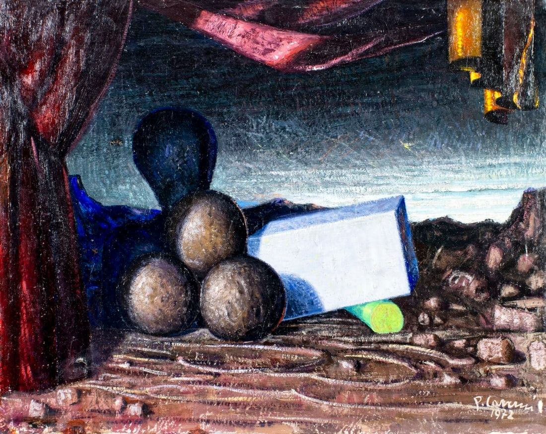 P Caverni (Europe,20C) oil painting: ARTIST: P Caverni (European, 20 century) TITLE: Siparel (titled on stretcher) YEAR: 1972 MEDIUM: oil on canvas CONDITION: Some paint losses mostly along