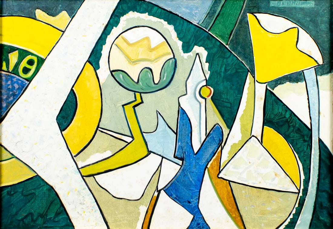 Mortimer Borne (NY,Poland,1902-1987) oil painting: ARTIST: Mortimer Borne (New York, Polish, 1902 - 1987) TITLE: Abstract Composition (titled on stretcher) YEAR: 1970 MEDIUM: oil on canvas CONDITION: Few