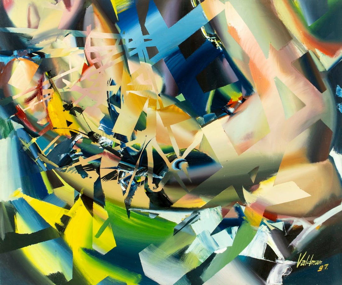 Alex Valdman (US,20/21C) oil painting: ARTIST: Alex Valdman (American, 20/21 centuries) TITLE: Abstract Composition (titled on verso) YEAR: 1997 MEDIUM: oil on canvas CONDITION: Few small scra