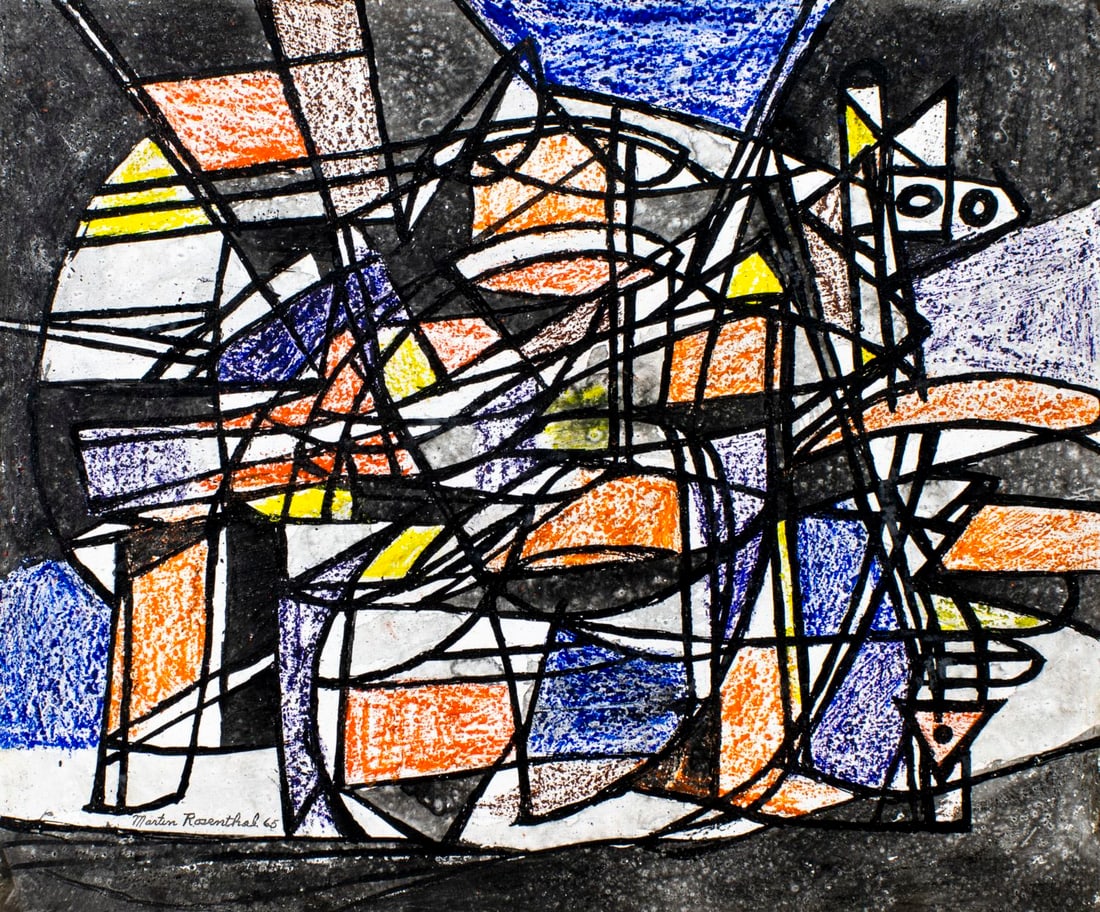 Martin Rosenthal (NY,MA,1899-1974) mixed media painting: ARTIST: Martin Rosenthal (New York, Massachusetts, 1899 - 1974) TITLE: Abstract Composition YEAR: 1965 MEDIUM: mixed media on heavy paper CONDITION: Ve