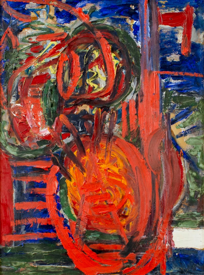 Eric Bass (NY,mid 20C) oil painting: ARTIST: Eric Bass (New York, mid 20 century) TITLE: Study in Red (titled on label) MEDIUM: oil on board CONDITION: Some paint losses. No visible inpaint under UV light.