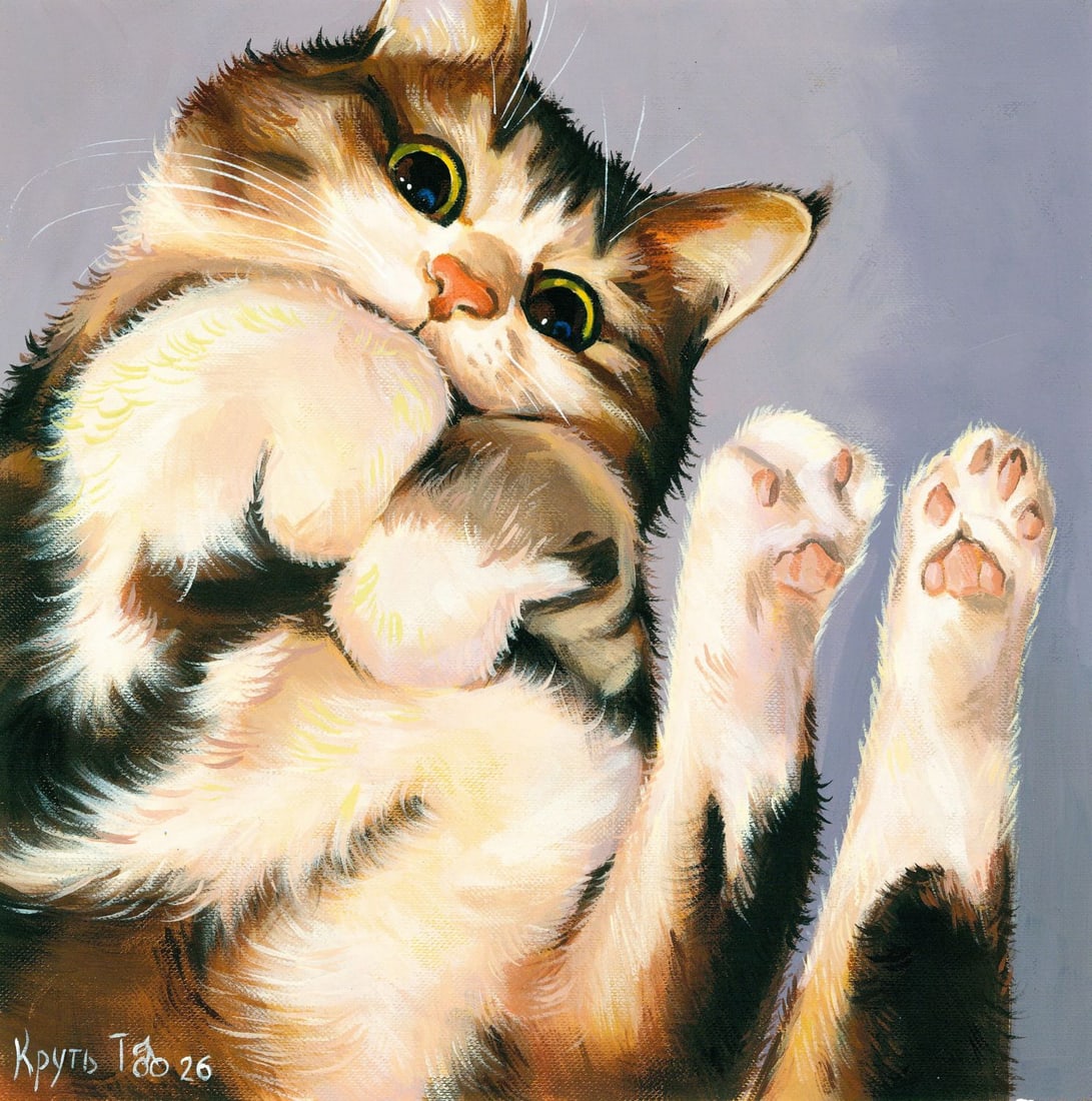 Tatiana Krut (Ukraine,20/21C) oil painting: ARTIST: Tatiana Krut (Ukraine, 20/21 centuries) TITLE: Tabby Cat MEDIUM: oil on heavy paper CONDITION: Very good. No visible inpaint under UV light. ART SIZE:
