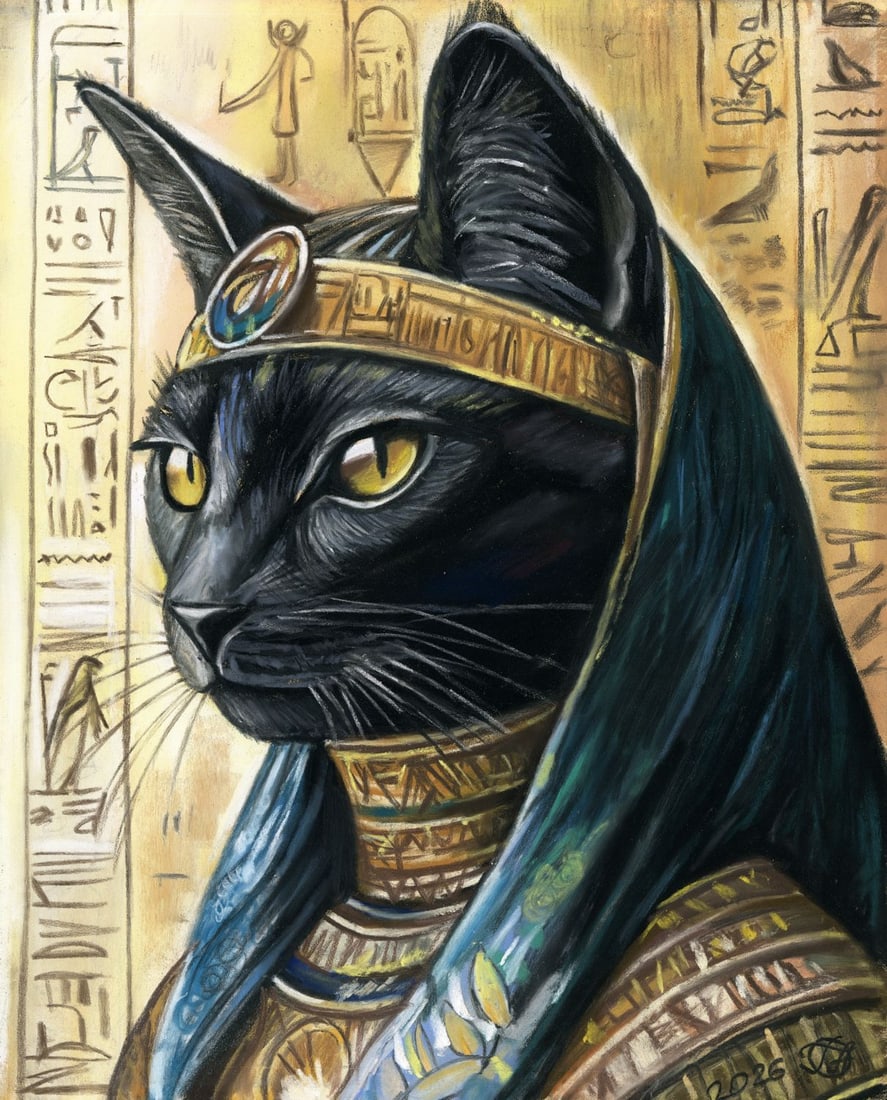 Genadiy Achkasov (Ukraine,b 1965) pastel painting: ARTIST: Genadiy Achkasov (Ukraine, born 1965) TITLE: Egyptian Cat Portrait MEDIUM: pastel on heavy paper CONDITION: Very good. ART SIZE: 12 x 9 inches /