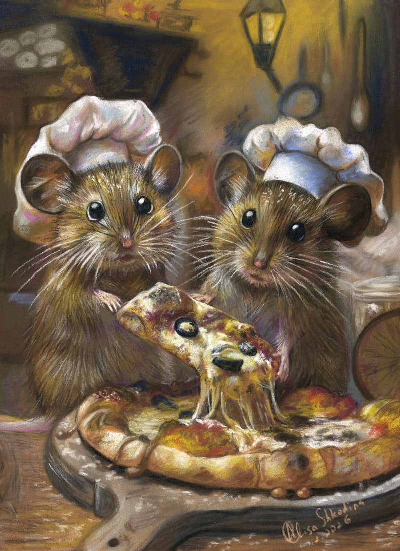 Alisa Shkodina (Ukraine,b 1992) pastel painting: ARTIST: Alisa Shkodina (Ukraine, born 1992) TITLE: Two Mice with Pizza MEDIUM: pastel on heavy paper CONDITION: Very good. ART SIZE: 10 x 7 inches / 25 x