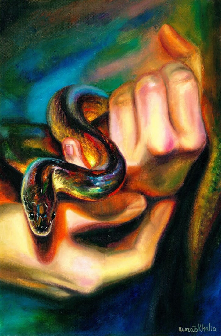 Alina Kvaratshelia (Ukraine,20/21C) oil painting: ARTIST: Alina Kvaratshelia (Ukraine, 20/21 centuries) TITLE: Hand Holding Snake MEDIUM: oil on heavy paper CONDITION: Very good. No visible inpaint under UV light.