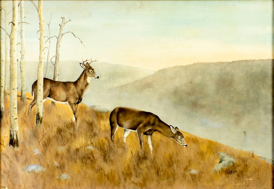 Scott Yeager (CO,b 1965) oil painting: ARTIST: Scott Yeager (Colorado, born 1965) TITLE: Mountain Landscape with Deer MEDIUM: oil on board CONDITION: Some scratches/paint losses. No visible inpaint under UV light