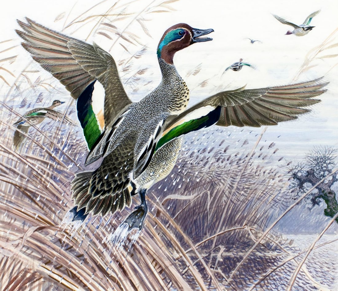 Vadim Gorbatov (Russia,1940-?) gouache painting: ARTIST: Vadim Alekseevich Gorbatov (Russia, 1940 - ???) TITLE: Flying Ducks MEDIUM: gouache on paper. Paper applied to board. CONDITION: Overall good. ART SIZE: