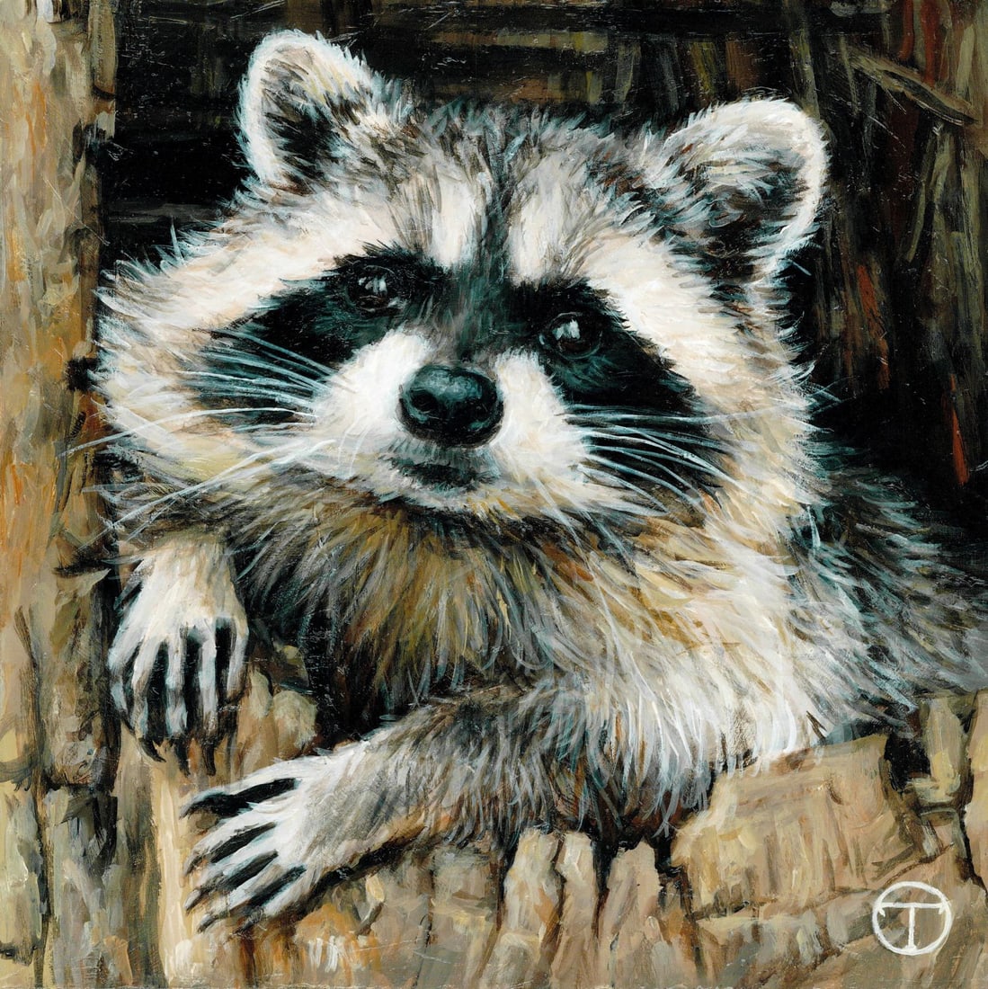 Olia Tomkova (Ukraine,b 1993) acrylic painting: ARTIST: Olia Tomkova (Ukraine, born 1993) TITLE: Raccoon (titled on verso) MEDIUM: acrylic on board CONDITION: Very good. ART SIZE: 8 x 8 inches / 20 x 2