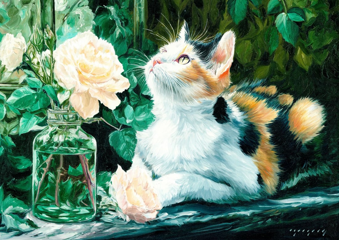 Igor Grey (Ukraine,b 1975) oil painting: ARTIST: Igor Grey (Ukraine, born 1975) TITLE: Cat - Garden Muse MEDIUM: oil on canvas CONDITION: Unstretched (In-House stretching available). Very good. No visible inpaint u