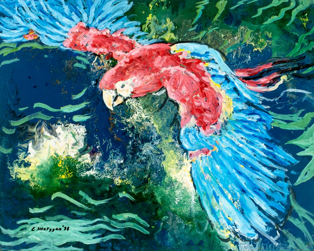 Evelyn Metzger (NY,Brazil,1911-2007) oil painting: ARTIST: Evelyn Borchard Metzger (New York, Brazilian, 1911 - 2007) TITLE: Macaw Parrot Bird YEAR: 1998 MEDIUM: oil on board CONDITION: Minor damages to c