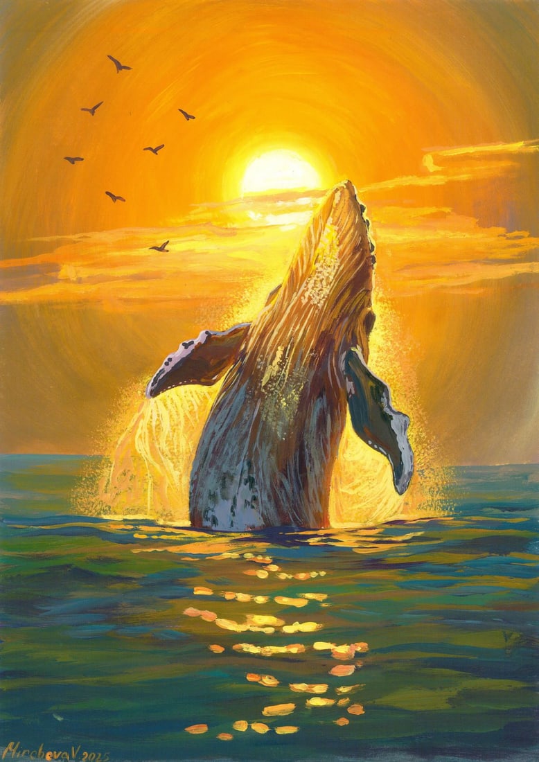 Valeria Mircheva (Ukraine,20/21C) acrylic painting: ARTIST: Valeria Mircheva (Ukrainian, 20/21 centuries) TITLE: Sunset Seascape with Whale MEDIUM: acrylic on heavy paper CONDITION: Very good. ART SIZE: 12