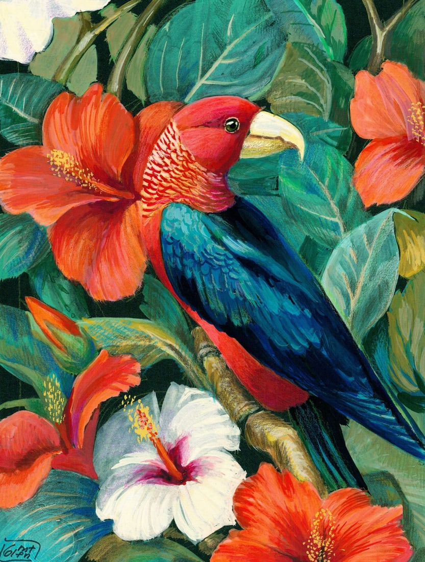 Halyna Yeromenko Afana (Ukraine,20/21C) mixed media painting: ARTIST: Halyna Yeromenko Afana (Ukraine, 20/21 centuries) TITLE: Bird with Hibiscus MEDIUM: mixed media on heavy paper CONDITION: Very good. ART SIZE: 12