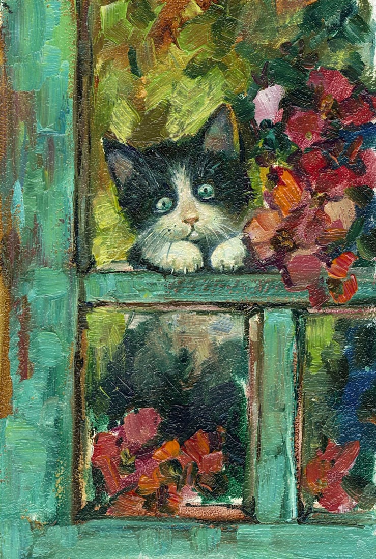 Sergey Kozachkin (Ukraine,b 1965) oil painting: ARTIST: Sergey Vasilievich Kozachkin (Ukraine, born 1965) TITLE: Cat in Window MEDIUM: oil on board CONDITION: Very good. No visible inpaint under UV light. ART S