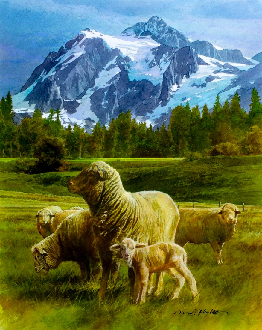 Mark Schuler (KS,1951-2015) mixed media painting: ARTIST: Mark Schuler (Kansas, 1951 - 2015) TITLE: New Zeland Barnyard Animals, Sheep YEAR: 1995 MEDIUM: mixed media on board CONDITION: Very good. No v