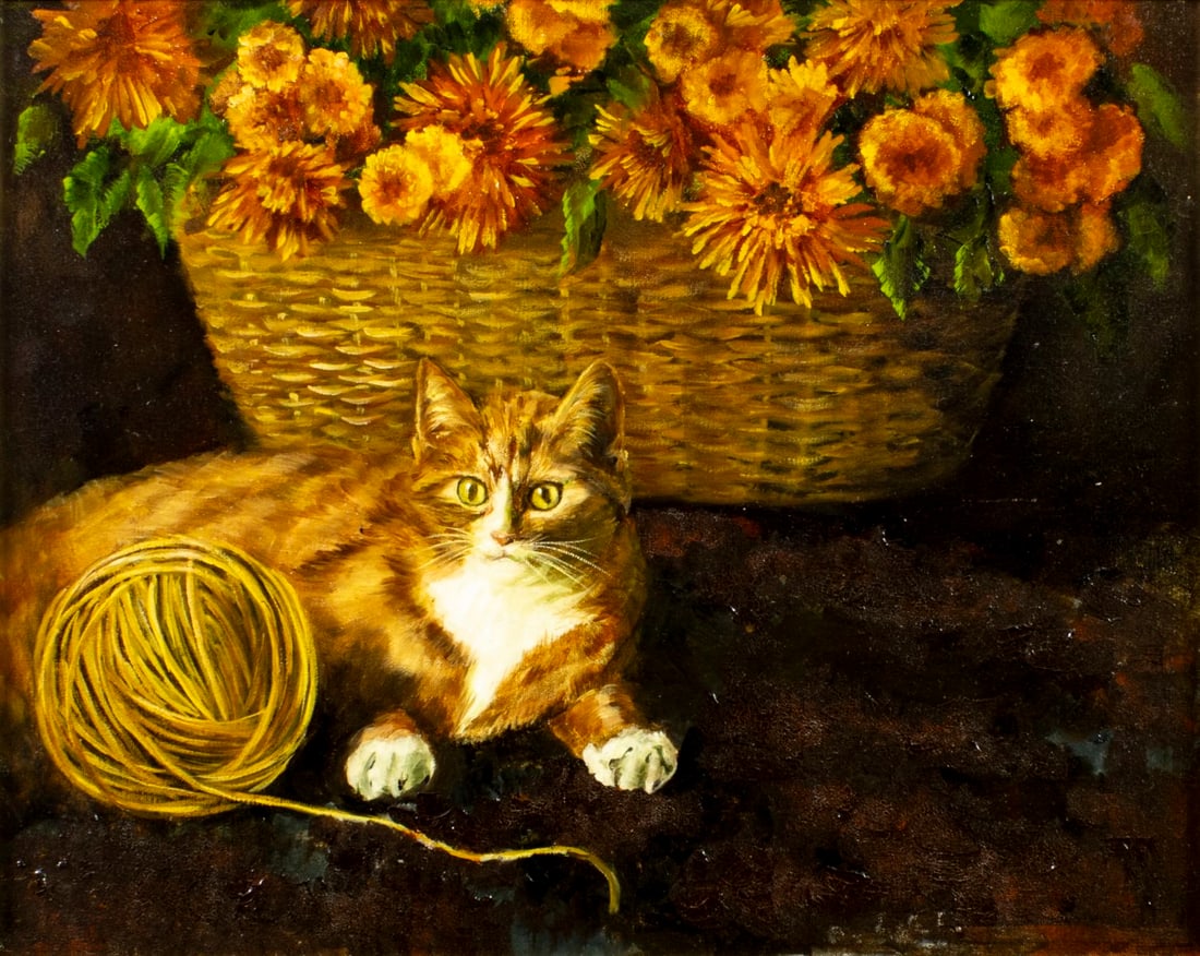 B Jean Kenagy (CA,20C) oil painting: ARTIST: B Jean Kenagy (California, 20 century) TITLE: Cat with Yarn MEDIUM: oil on canvas. Canvas applied to board. CONDITION: Few minor paint losses. Some craquelure. Some