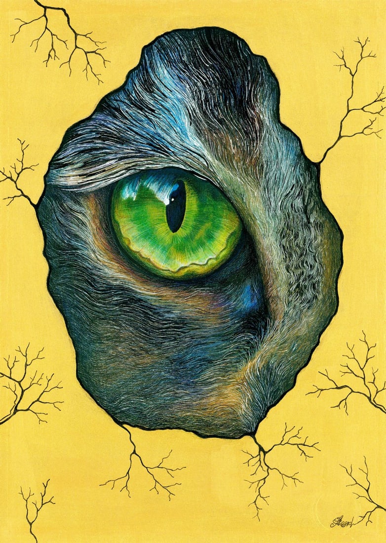 Lesya Larionova (Ukraine,20/21C) mixed media painting: ARTIST: Lesya Larionova (Ukraine, 20/21 centuries) TITLE: Cat Eye MEDIUM: mixed media on heavy paper CONDITION: Very good. ART SIZE: 12 x 8 inches / 30 x
