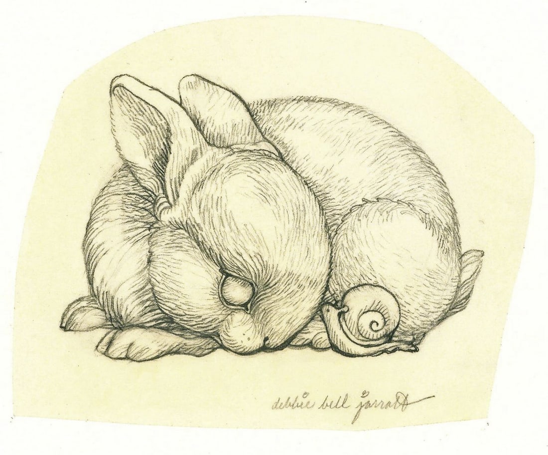 Deborah Bell Jarratt (PA,20/21C) graphite painting: ARTIST: Deborah Bell Jarratt (Pennsylvania, 20/21 centuries) TITLE: Rabbit YEAR: 1980s MEDIUM: graphite on paper. Paper applied to board. CONDITION: Some