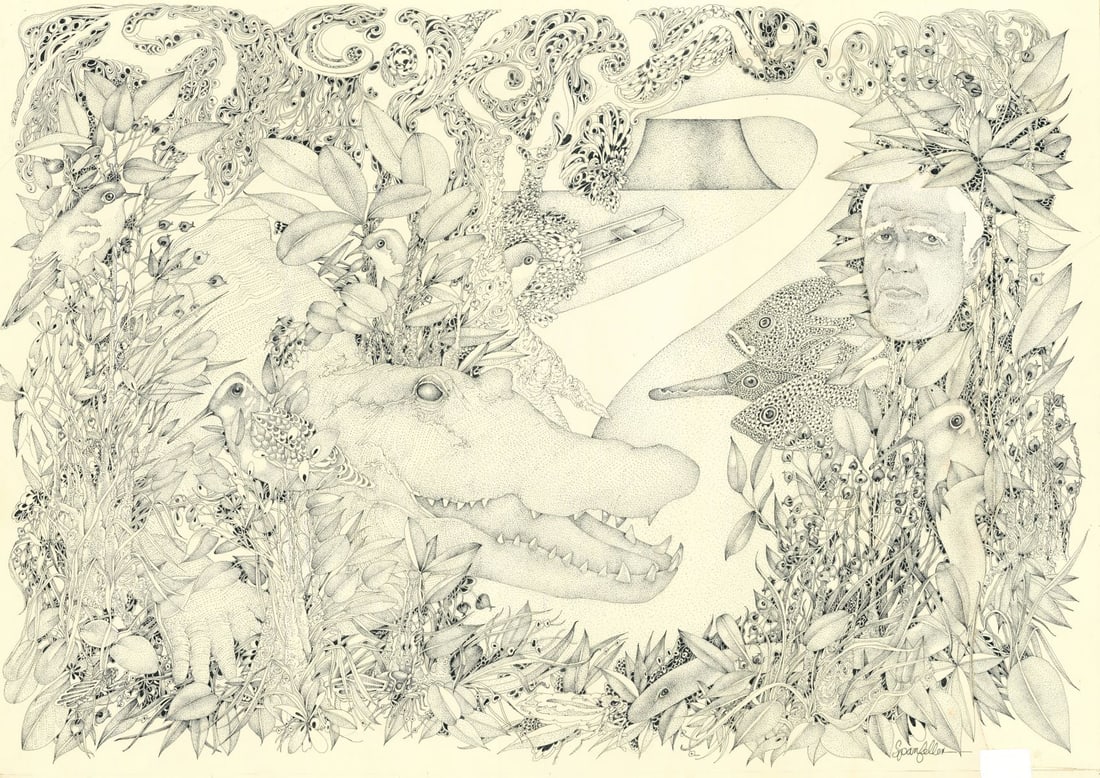 Jim Spanfeller (PA,1930-2014) ink painting: ARTIST: James J Spanfeller (Pennsylvania, 1930 - 2014) TITLE: Illustration - The Thanatos Syndrome YEAR: 1987 MEDIUM: ink on paper. Paper applied to board. CONDIT