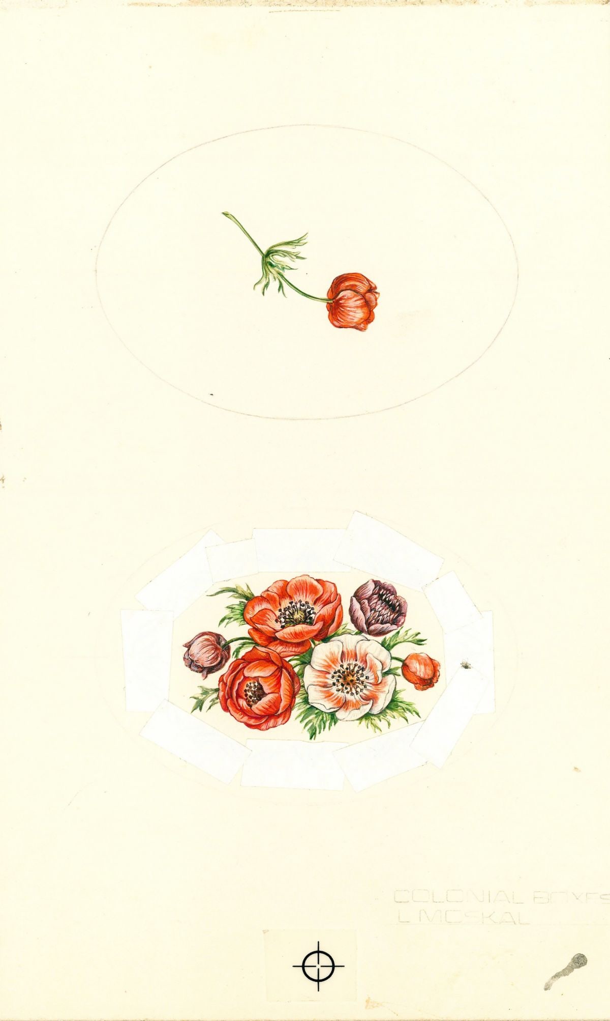Loretta Moskal (NC,20/21C) watercolor painting: ARTIST: Loretta Moskal (North Carolina, 20/21 centuries) TITLE: Illustration - Anemone (titled on verso) YEAR: 1980s MEDIUM: watercolor on board CONDITION:
