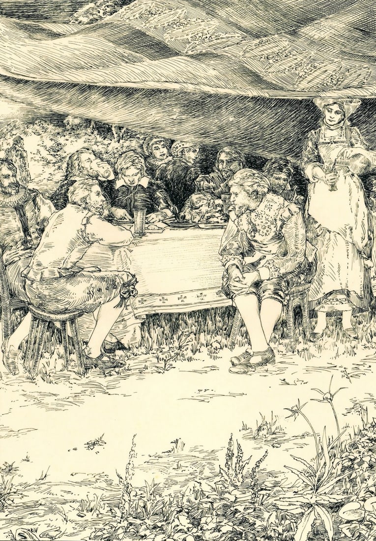 Frederick Schneider (CA,b 1946) ink painting: ARTIST: Frederick Schneider (California, born 1946) TITLE: Illustration - The Meeting at Telgte YEAR: 1981 MEDIUM: ink on paper. Paper applied to board. CONDITION