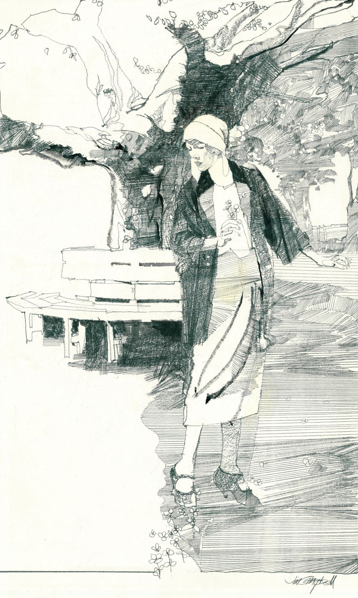 James Richard Campbell (CT,AL,1942-2022) graphite painting: ARTIST: James Richard Campbell (Connecticut, Alabama, 1942 - 2022) TITLE: Illustration - Alice Adams YEAR: 1979 MEDIUM: graphite on board CONDITION: Some