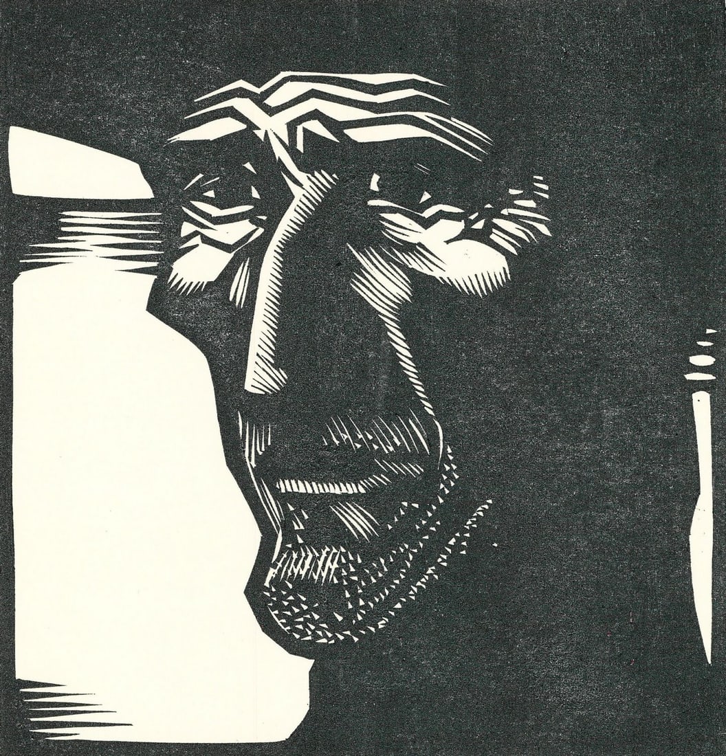 David Frampton (NY,NH,20/21C) woodblock print: ARTIST: David Frampton (New York, New Hampshire, 20/21 centuries) TITLE: Illustration - Portrait of Man YEAR: 1980s MEDIUM: woodblock print on paper CONDITION: