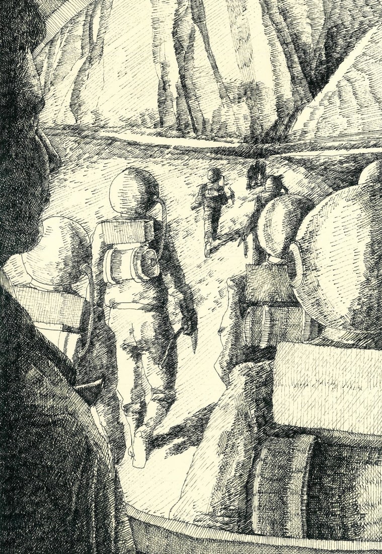 Peter Fiore (PA,NY,NJ,b 1955) ink painting: ARTIST: Peter Fiore (Pennsylvania, New York, New Jersey, born 1955) TITLE: Illustration - Twenty Thousand Leagues Under the Seas YEAR: 1978 MEDIUM: ink on heavy paper