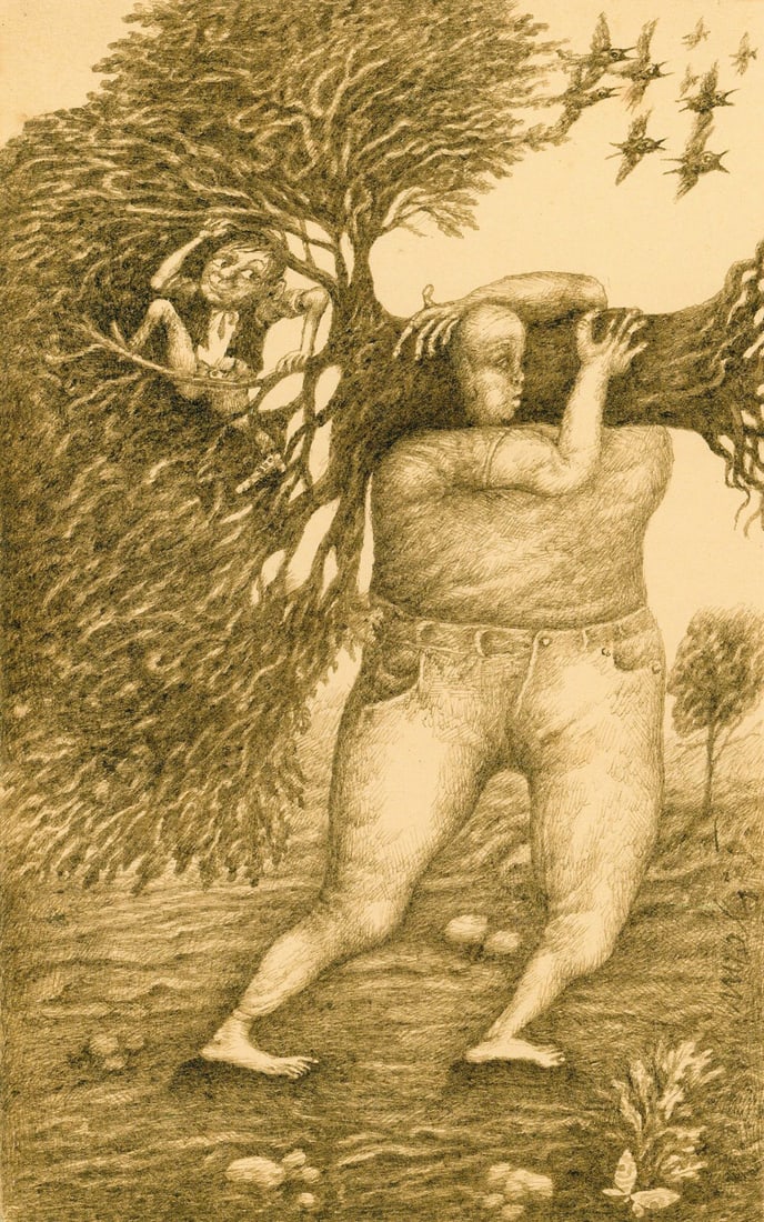 Miro Malish (Canada,Czech,b 1944) ink painting: ARTIST: Miro Malish (Canada, Czech Republic, born 1944) TITLE: Brothers Grimm Illustration YEAR: 1984 MEDIUM: ink on paper. Paper applied to board. CONDITION:
